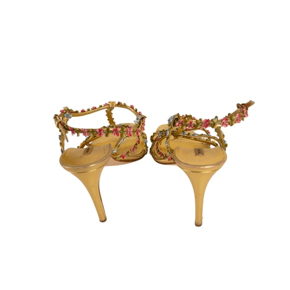 Miu Miu S/S 2004 Floral Gold Leather T-Strap Sandal Heels - Picture 5 of 6